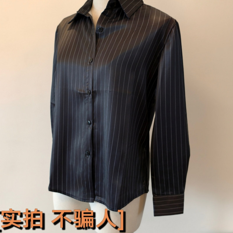 原创实拍衬衫女设计高级感重磅高端气质黑色条纹长袖衬衣职业OL风 - 图0