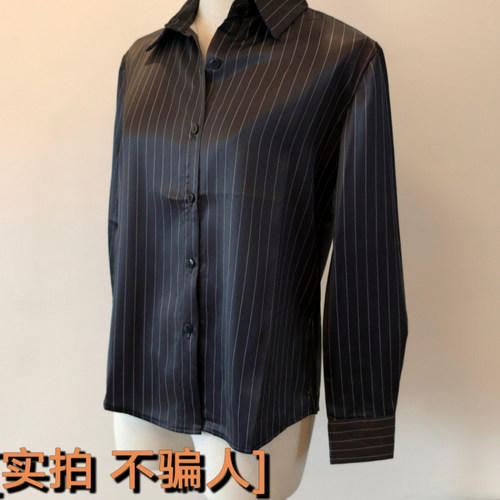 原创实拍衬衫女设计高级感重磅高端气质黑色条纹长袖衬衣职业OL风 - 图0