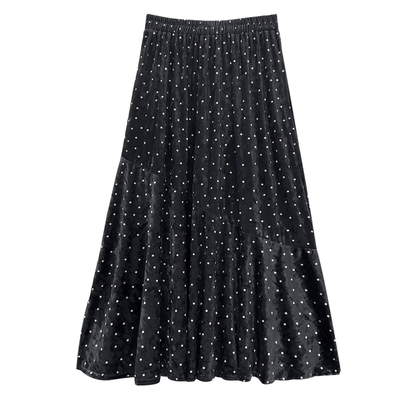 复古高腰波点丝绒半身裙女秋冬2025新款垂感黑色a字裙鱼尾长裙子 - 图3