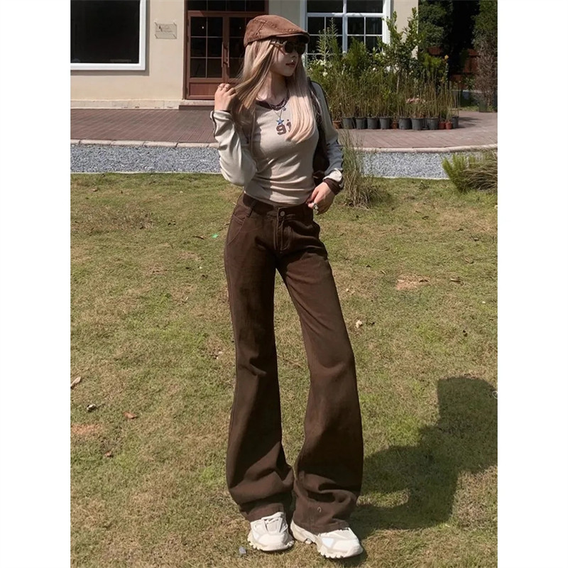 美式复古咖色加长微喇牛仔裤女秋冬新款低腰显瘦休闲阔腿马蹄裤子,淘宝优惠券,粉丝福利购,淘宝优惠卷