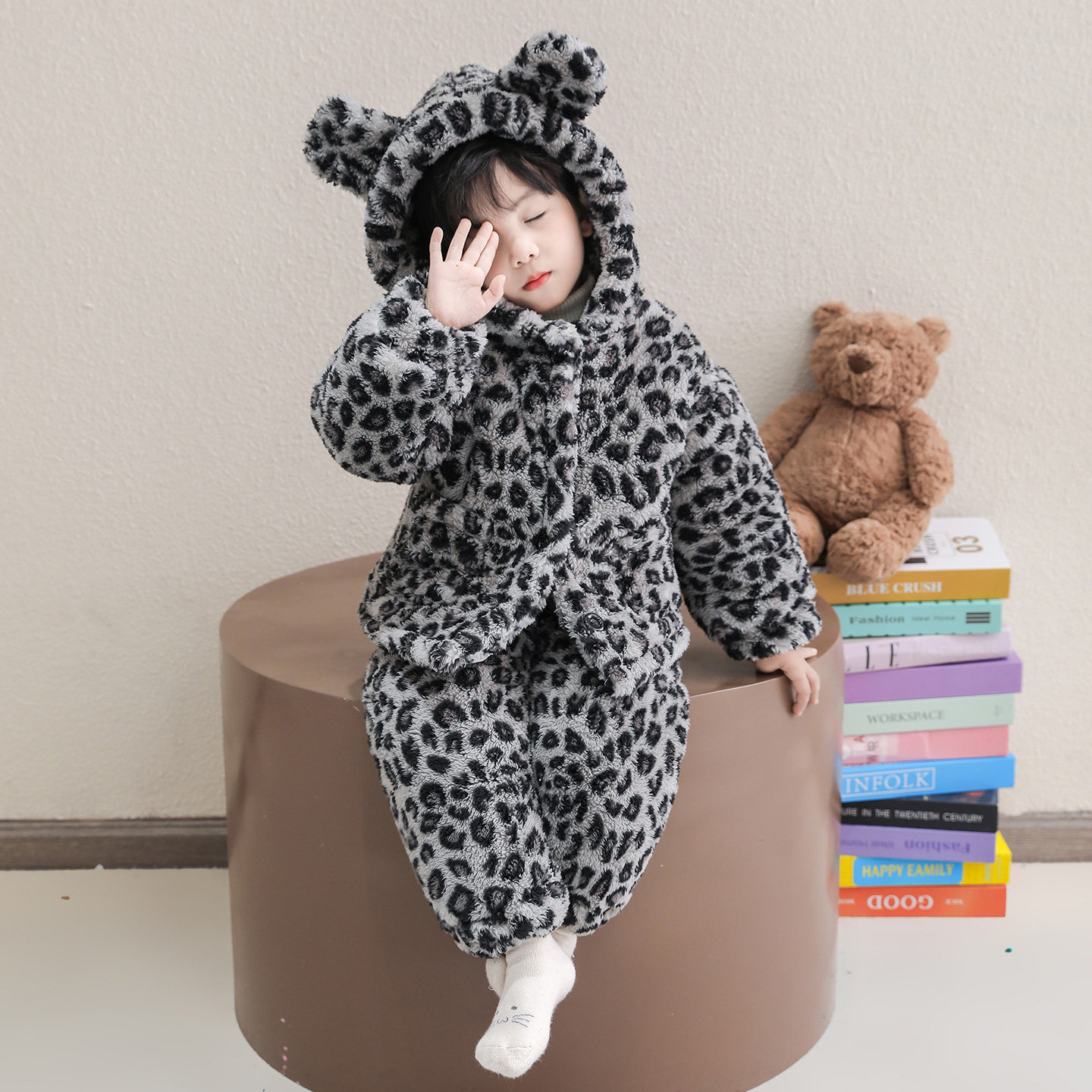 儿童豹纹珊瑚绒三层夹棉家居服套装男女童加绒加厚保暖睡衣两件套,淘宝优惠券,粉丝福利购,淘宝优惠卷