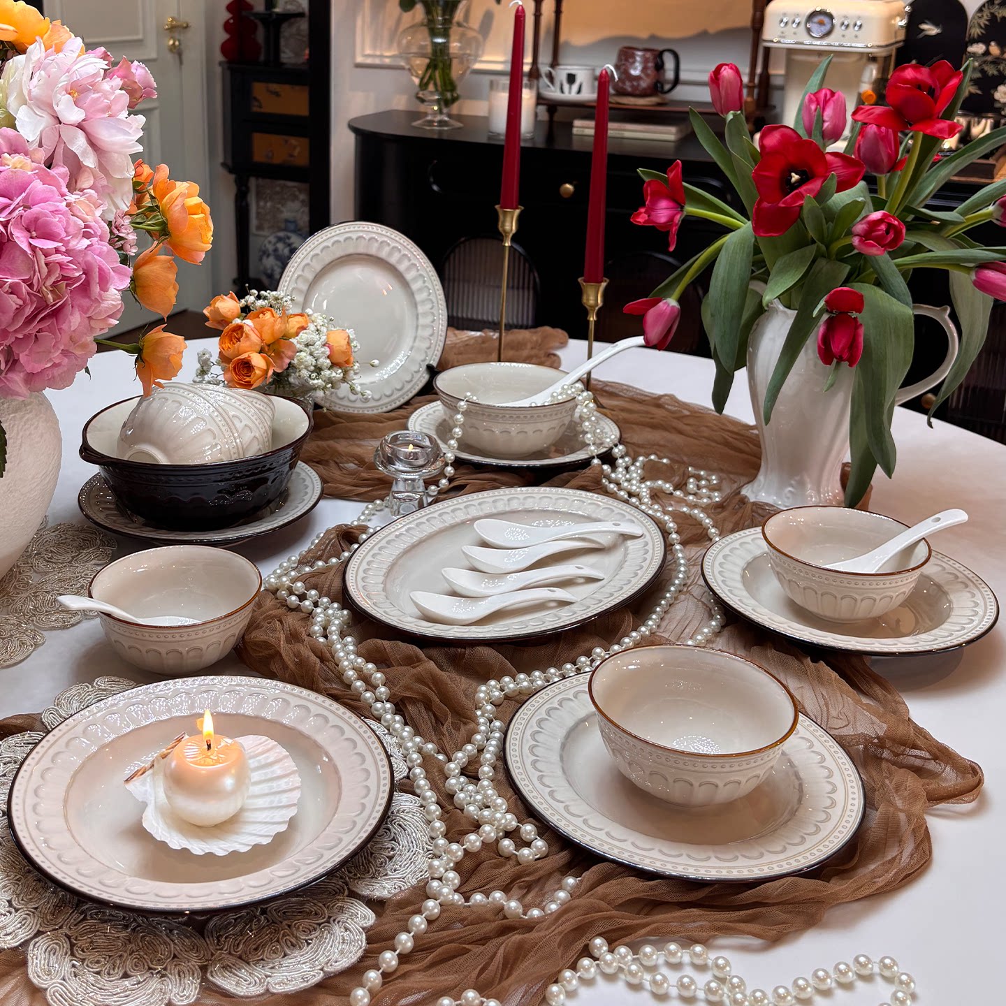 窑变釉下彩法式餐具2026新款碗碟套装家用高颜值浮雕碗具乔迁碗盘