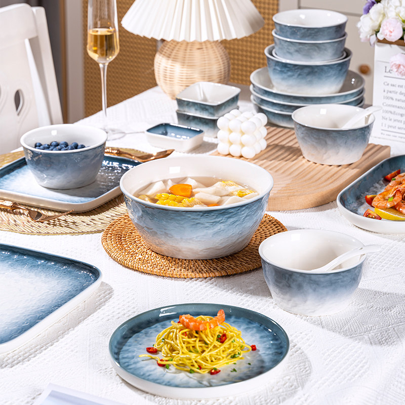 釉下彩2025碗碟套装家用轻奢石纹渐变餐具高温陶瓷简约高级感饭碗