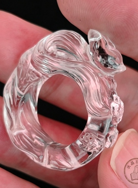 天然白水晶精雕狐狸指环高透晶体内径约16mm可 DIY 吊坠戒指配饰