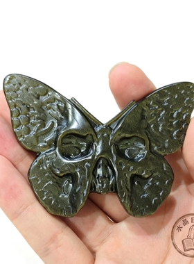 天然金曜石骷髅蝴蝶雕刻件 飞蛾摆件个性水晶矿石桌面小摆件装饰