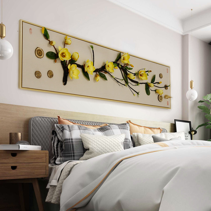 新中式卧室装饰画创意实物立体床头挂画花鸟横款客厅样板间壁画,淘宝优惠券,粉丝福利购,淘宝优惠卷