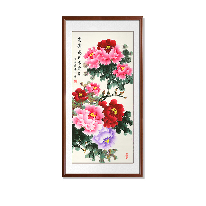 花开富贵玄关装饰画吉祥手绘真迹国画作i品牡丹花挂画玄关竖版中