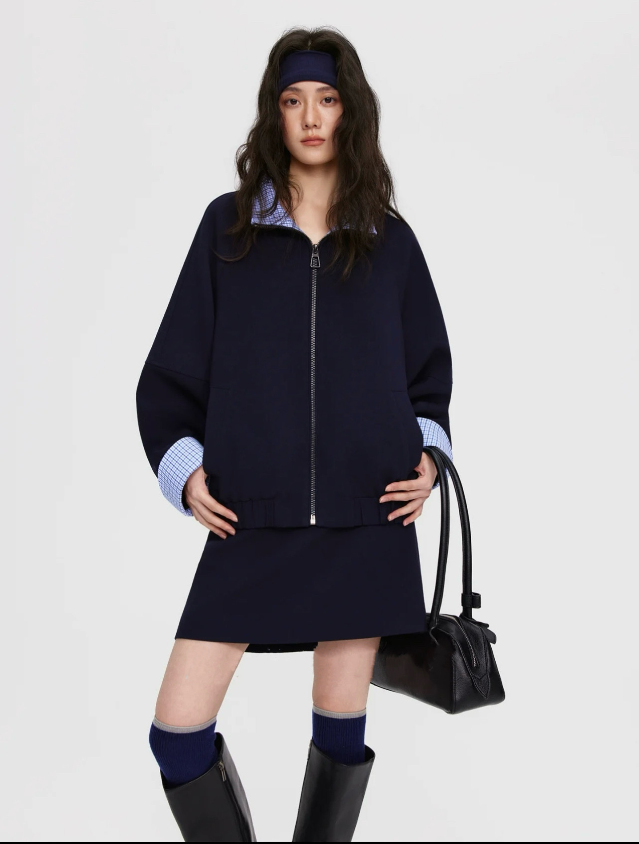 藏青色夹克外套女格子拼接翻领卫衣上衣半裙休闲套装,淘宝优惠券,粉丝福利购,淘宝优惠卷