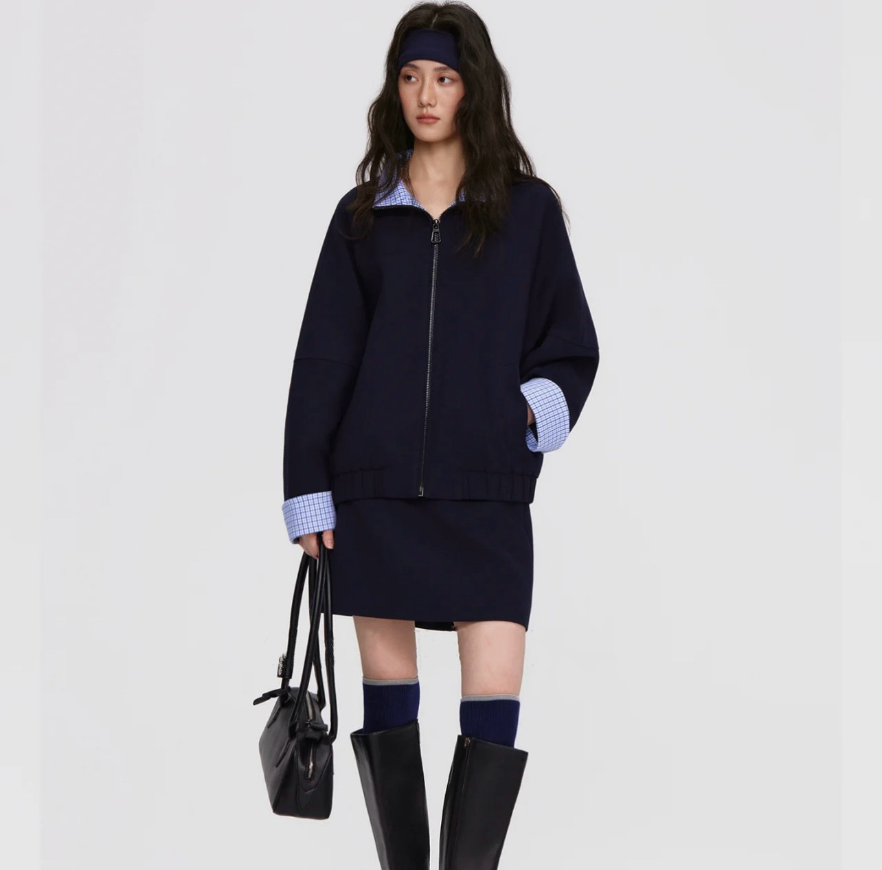 藏青色夹克外套女格子拼接翻领卫衣上衣半裙休闲套装,淘宝优惠券,粉丝福利购,淘宝优惠卷
