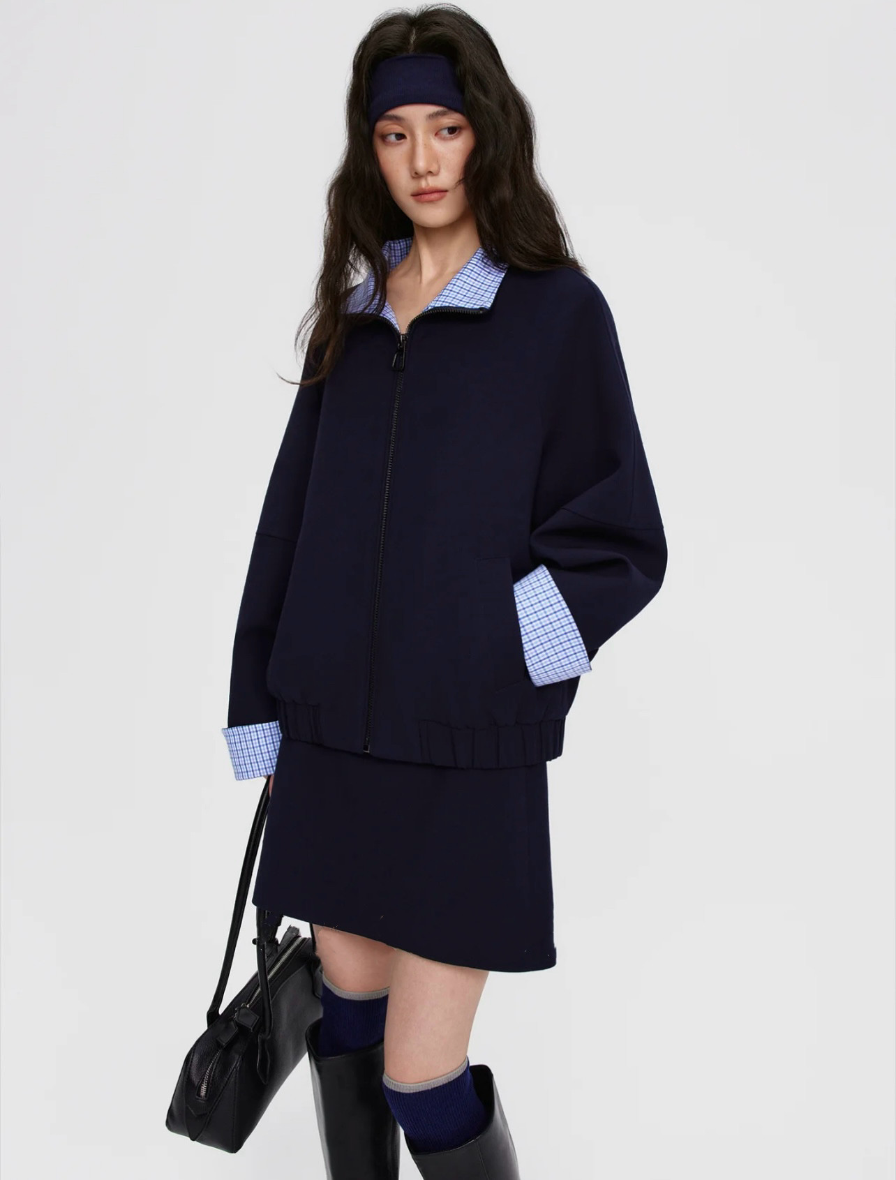 藏青色夹克外套女格子拼接翻领卫衣上衣半裙休闲套装,淘宝优惠券,粉丝福利购,淘宝优惠卷