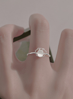 祥云如意平安锁戒指女简约Ins冷淡风复古猫眼石开口可调节食指戒