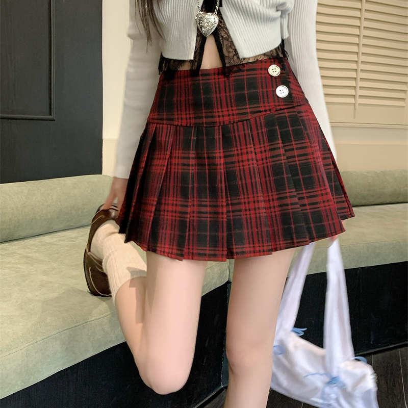 大码红色格子百褶裙春夏jk学院风a字半裙高腰防走光短裙半身裙女