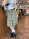 Design-sensual niche blue and yellow plaid campus style skirt