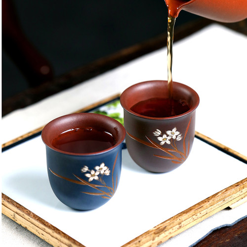 宜兴紫砂品茗杯主人杯吴建立原矿紫泥手工功夫小茶杯单杯 幽兰杯 - 图2