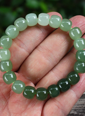 天然新疆和田玉渐变翠青老型珠桶珠手链手串送证书