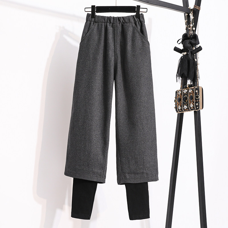 大码女装秋冬款假两件毛呢阔腿裤女胖妹妹松紧腰直筒九分呢子靴裤,淘宝优惠券,粉丝福利购,淘宝优惠卷