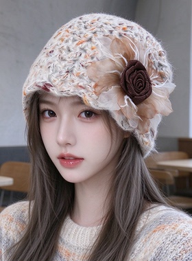 手工编织花朵包头帽子女秋冬保暖