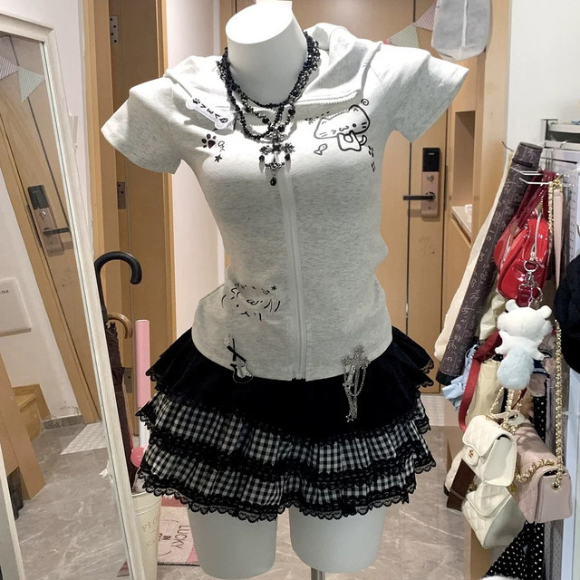 RichGirl Lace Hot Girl Cake Dark Punk Puffy Skirt Versatile Subculture Splicing Plaid Skirt