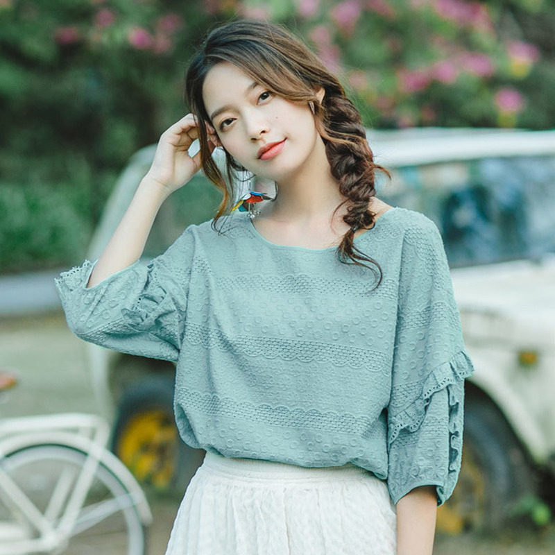 茵曼白色短袖夏季2022新款小众衬衫 茵曼慢生活衬衫