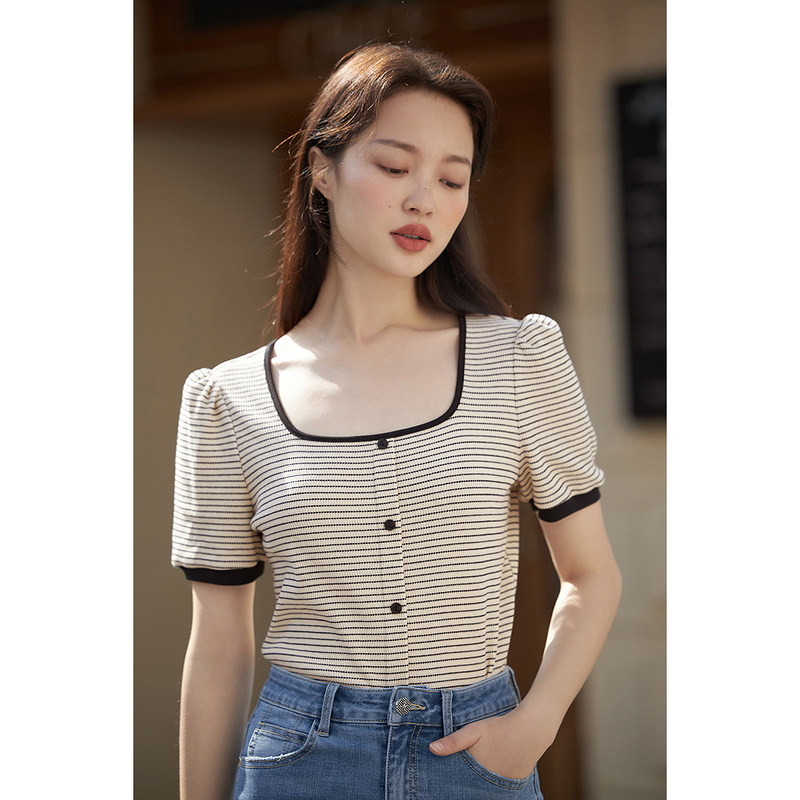 茵曼黑白条纹方领短袖女士2022 t恤 茵曼慢生活T恤