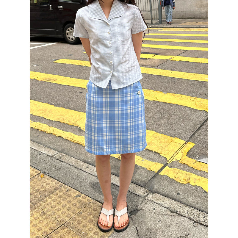 【清仓】UNRETRO 混纺复古翻领设计修身格纹短袖衬衫女休闲衬衣