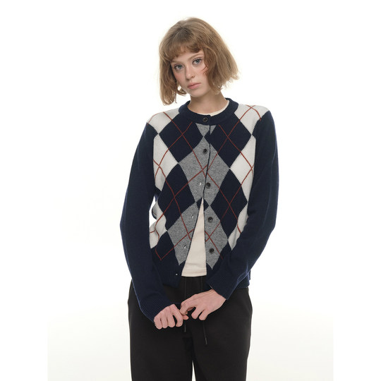 UNRETRO 美式复古菱格针织开衫女冬季新款纯羊毛短款修身毛衣外套