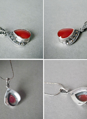 精致小巧风红色爱心宝石银吊坠