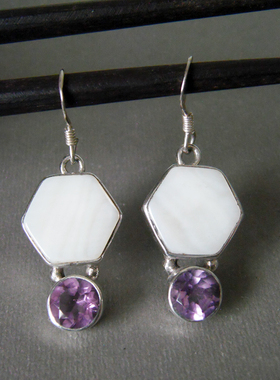 纯银宝石贝壳紫水晶宝石耳环现货