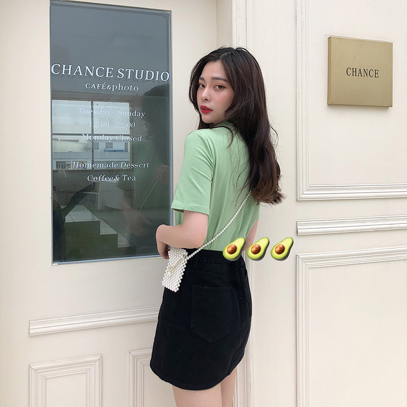 夏季新款纯棉宽松半高领短袖绿色T恤女上衣简约打底衫体恤女装