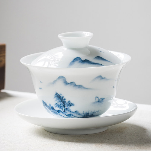 手绘三才盖碗茶杯大号白瓷单个青花瓷功夫泡喝敬沏陶瓷茶具中式 - 图2