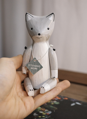 日本进口原木制动物摆件可爱小狐狸桌面装饰品家居饰品生日礼物
