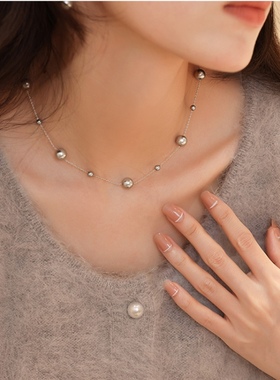 真多麻满天星珍珠项链女轻奢小众银灰色强光珍珠锁骨链颈链毛衣链