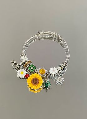 跨境热销小清新田园风不锈钢手镯向日葵画油DIY潘家手环轻奢手链