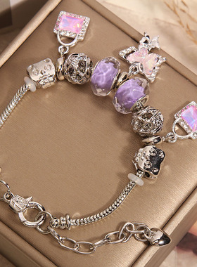 潘家风格手链女网红森系小众轻奢紫色琉璃珠可爱蝴蝶吊坠手串手环