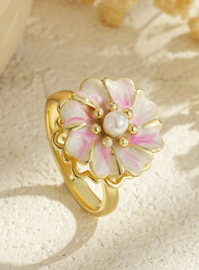 新中式花朵镀金珍珠开口戒指女
