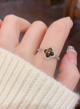 小众镶钻虎眼石开口戒复古百搭