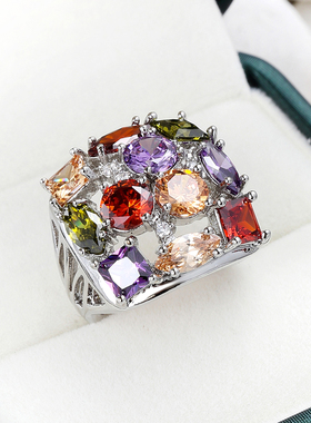 欧美彩色锆石戒指女精致小众设计