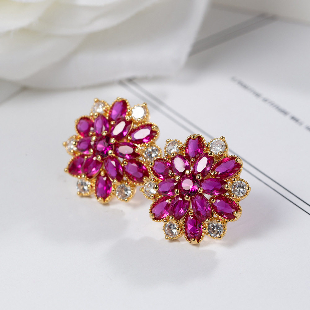 European and American fashion red corundum flower earring set