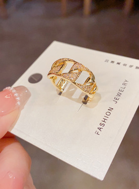 欧美轻奢满钻链条镂空开口戒女