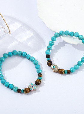 欧美复古8mm绿松石虎眼石手链