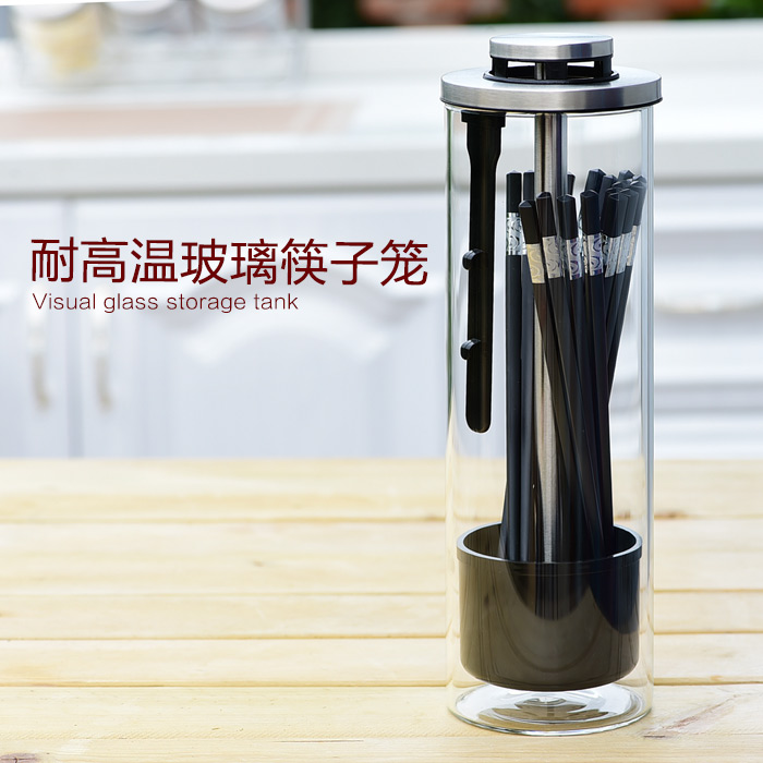 家用可視不鏽鋼玻璃帶蓋餐具收納罐筷子籠筒盒瀝水置物廚房用品