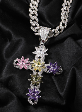 欧美ins风新款彩色冰花十字架吊坠时尚创意锆石吊坠嘻哈毛衣链
