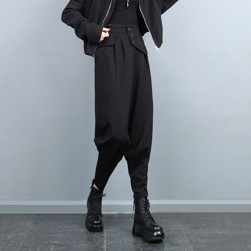 时尚小脚哈伦裤女2025年春季新品不对称拼接束脚裤灯笼裤黑裤子潮,淘宝优惠券,粉丝福利购,淘宝优惠卷