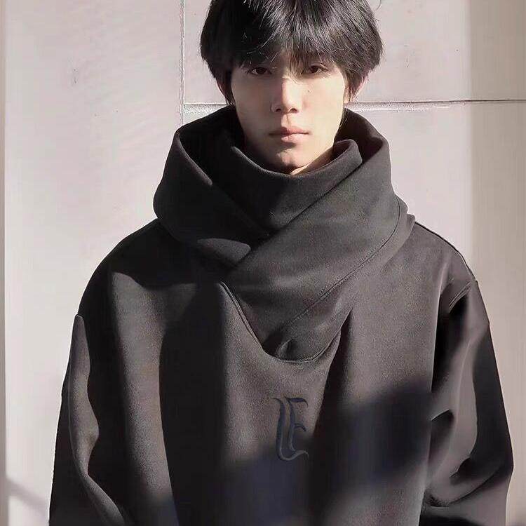 秋冬季美式i人社恐重磅卫衣连帽高领男女加绒加厚澜同款忍者帽衫 - 图0