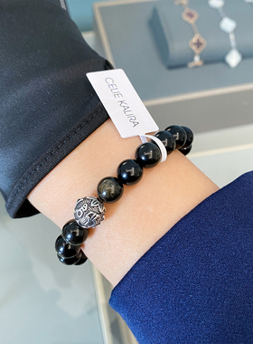 黑曜石S925银六字真言男女手串