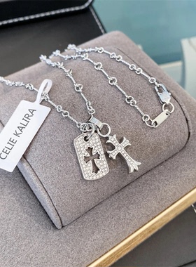 镶钻双十字架吊坠项链