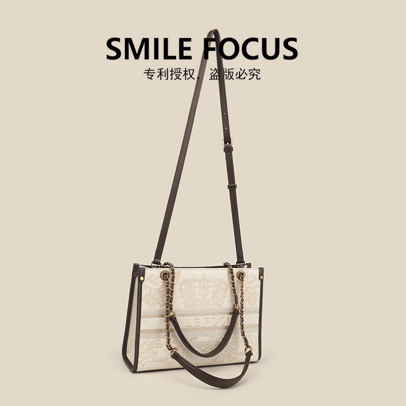 SMILE FOCUS 2023新款刺绣时尚大托特大容量手提单肩包通勤女包包-图1