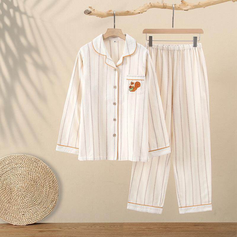 日系春秋冬磨毛情侣睡衣长袖长裤全棉条纹松鼠绣花家居服套装开衫,淘宝优惠券,粉丝福利购,淘宝优惠卷