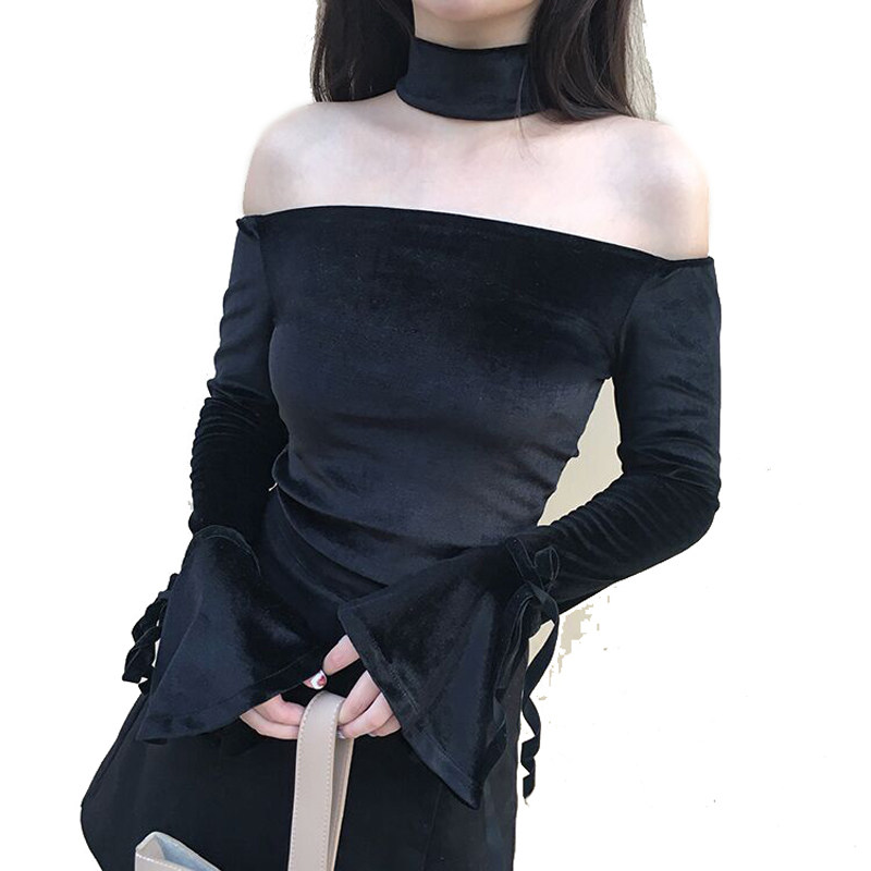 修身一字领漏肩丝绒t恤女新款挂脖长袖上衣性感显瘦喇叭袖打底衫,淘宝优惠券,粉丝福利购,淘宝优惠卷