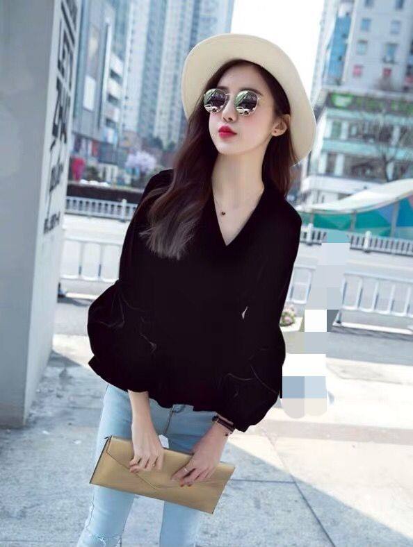 复古金丝绒T恤v领收腰显瘦荷叶边下摆灯笼袖设计感百搭上衣女大码,淘宝优惠券,粉丝福利购,淘宝优惠卷